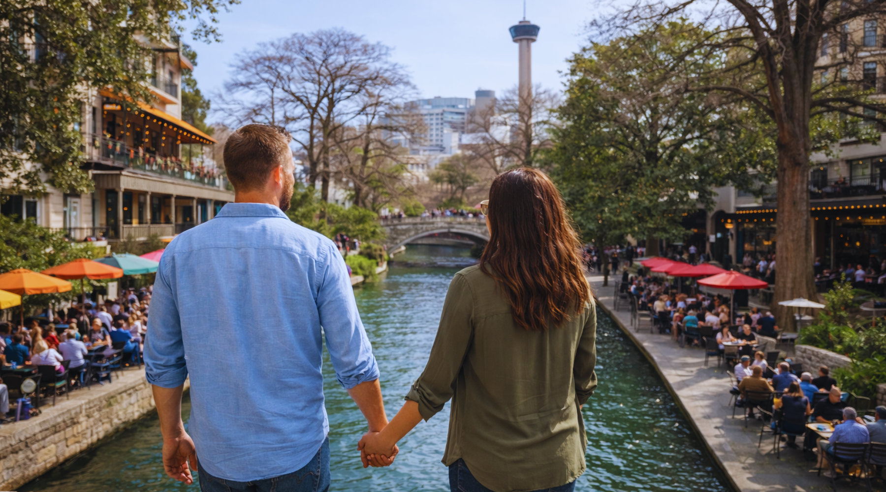 Romantic evening walk along the San Antonio River Walk in February