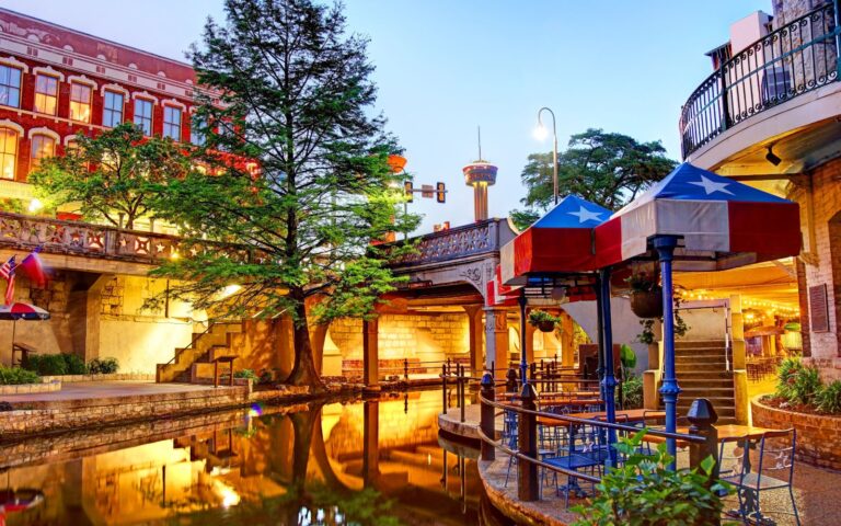 Romantic evening walk along the San Antonio River Walk for Valentine’s Day