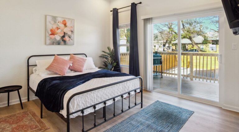 Comfortable bedroom with luxury linens in a San Antonio vacation rental