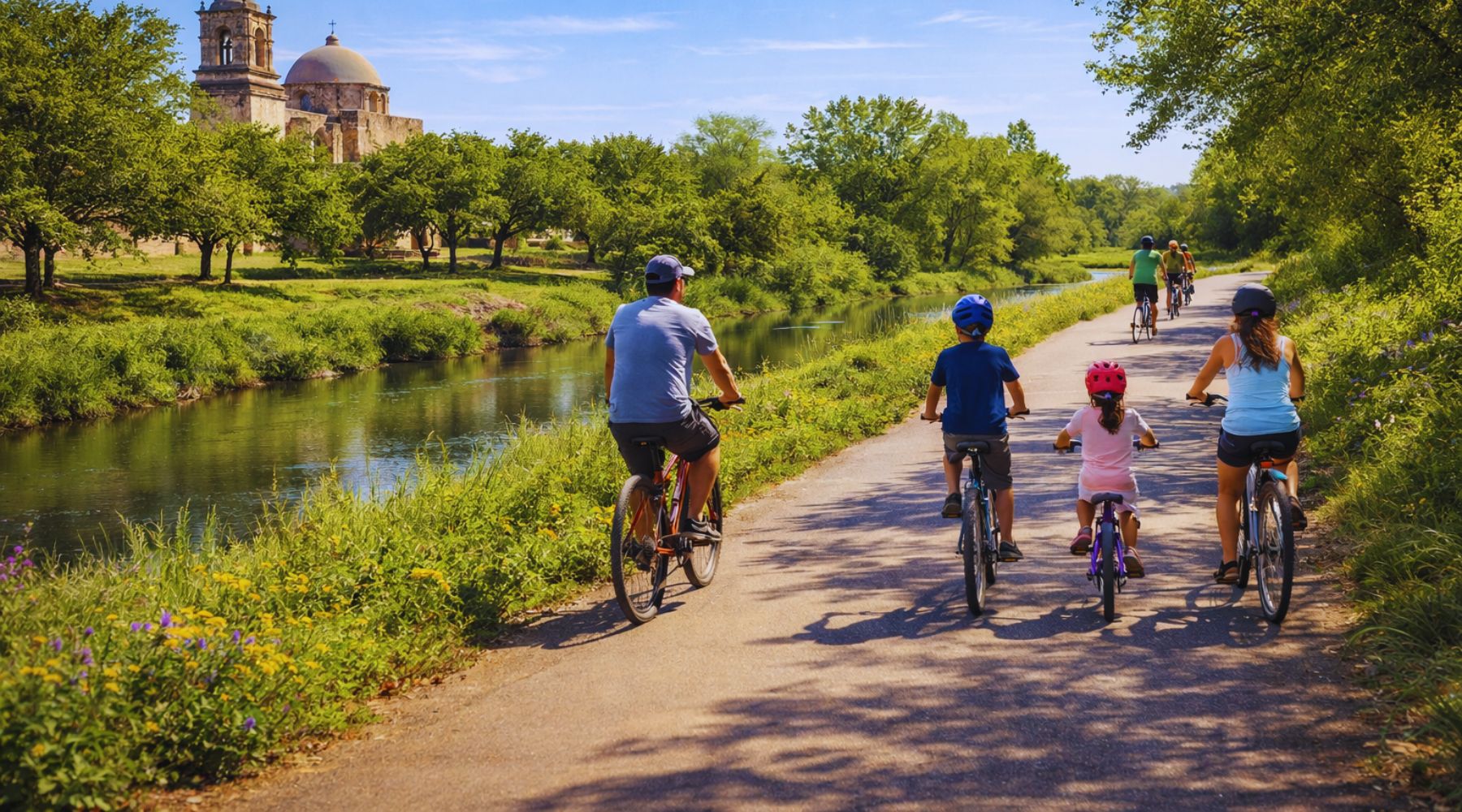 Families biking along the Mission Reach trail near the San Antonio Missions