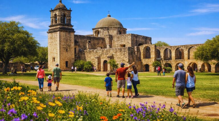 Families exploring Mission San José at San Antonio Missions National Historical Park on a sunny spring day