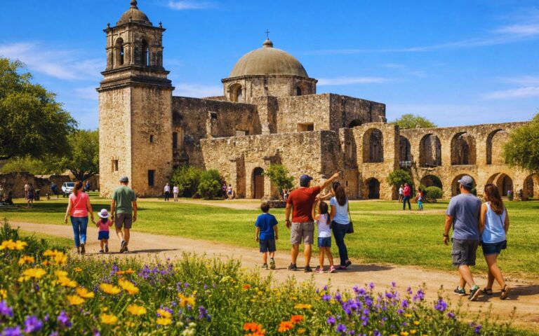 Families exploring Mission San José at San Antonio Missions National Historical Park on a sunny spring day