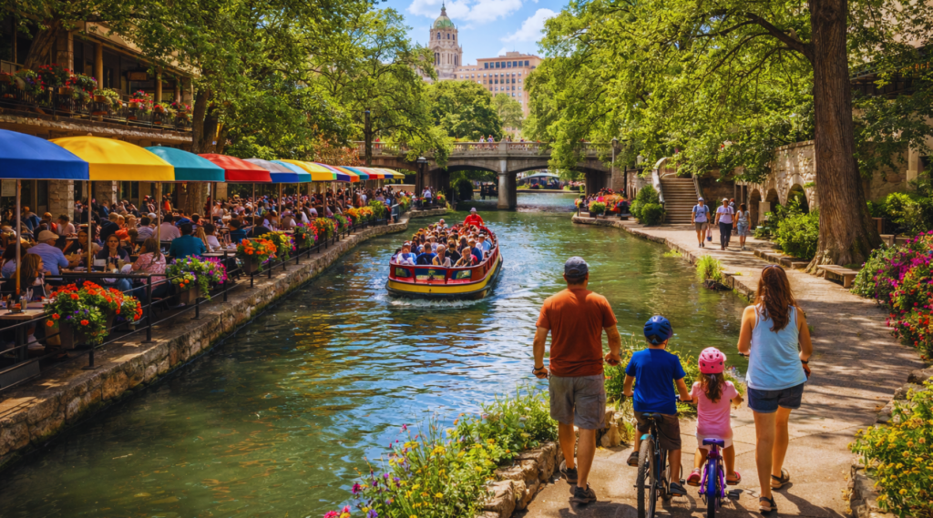 Families exploring the San Antonio River Walk in downtown San Antonio Texas