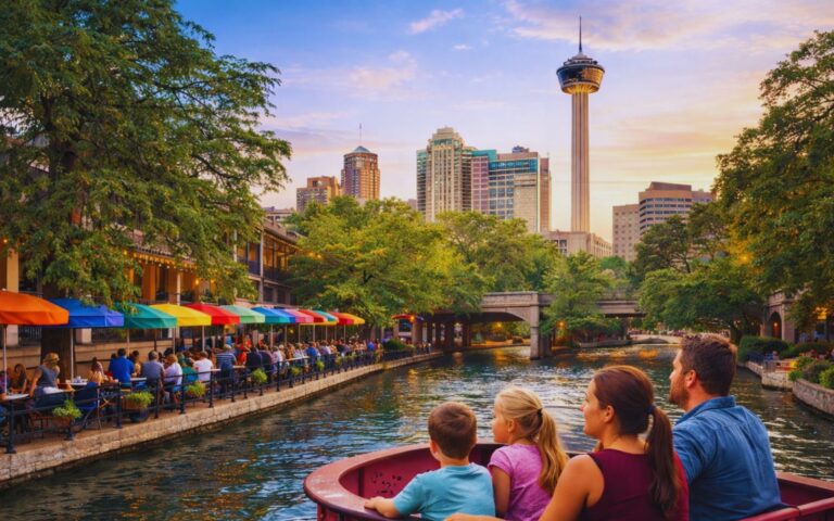 Family enjoying Spring Break in San Antonio 2026 along the River Walk with downtown skyline in the background