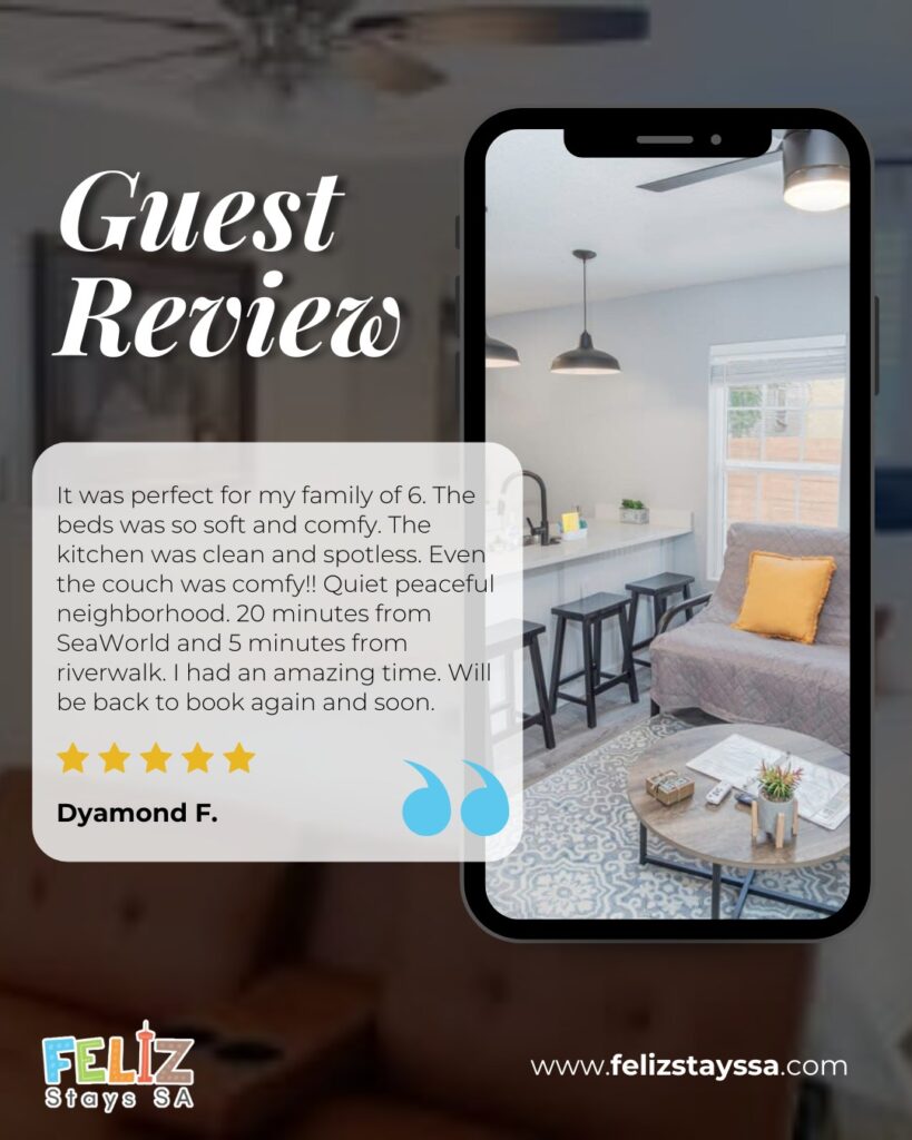 Happy guests enjoying a clean and comfortable vacation rental in San Antonio