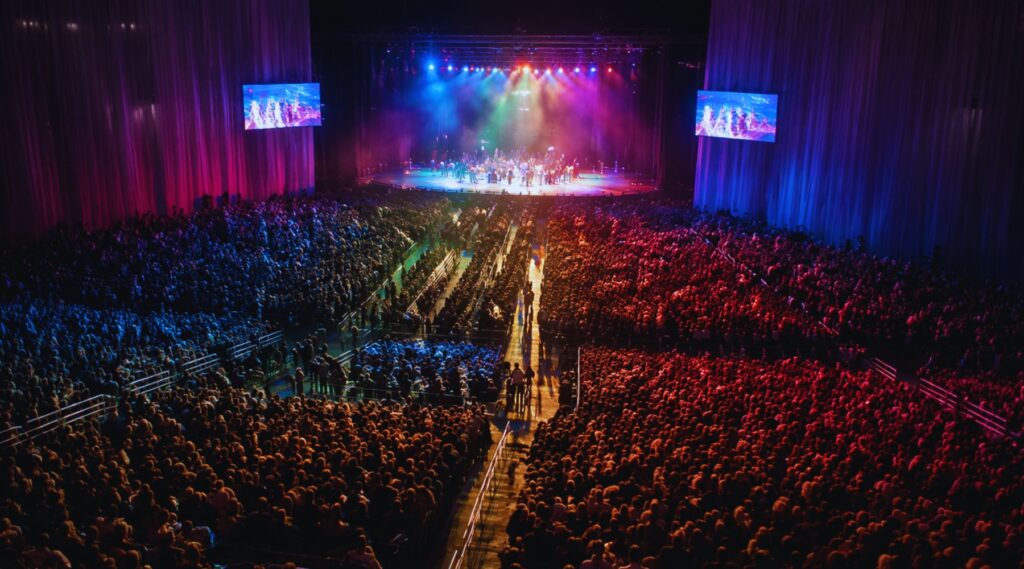 Concert crowd near Alamodome San Antonio with stage lights and live music