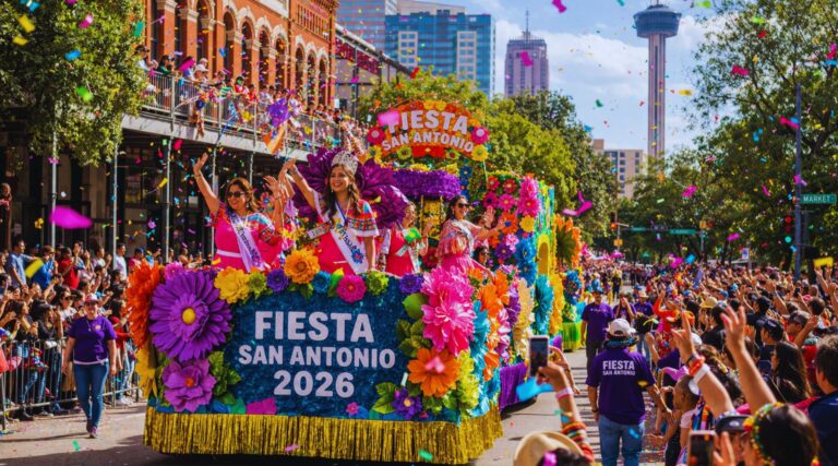 Fiesta San Antonio parade with colorful floats and crowds