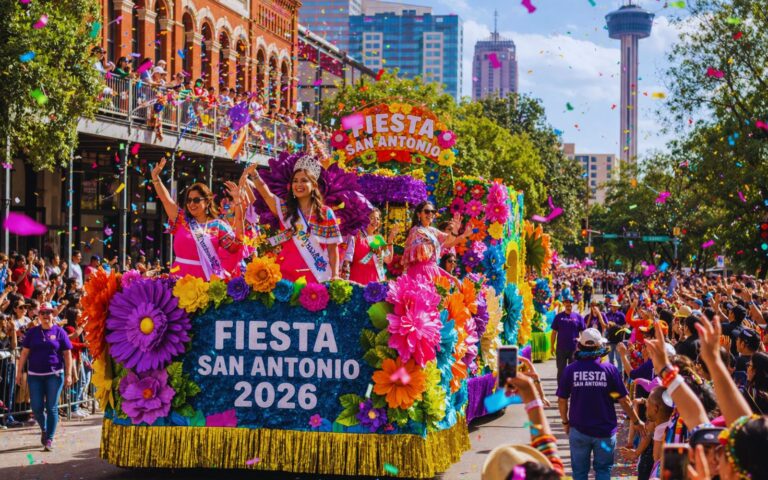 Fiesta San Antonio parade with colorful floats and crowds