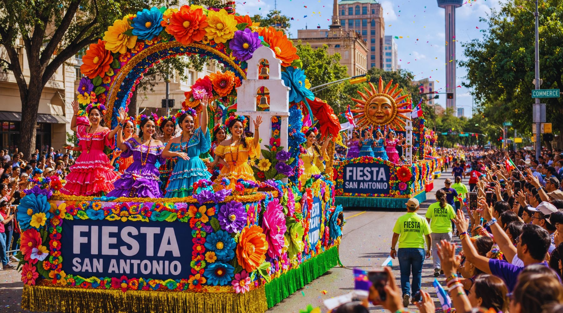 Fiesta San Antonio parade floats and performers