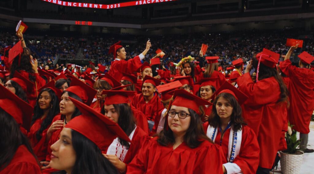 Graduation or convention event near Alamodome San Antonio with large crowd