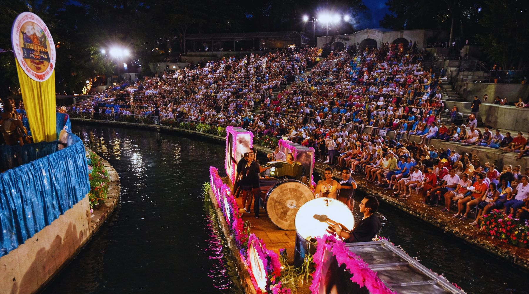 Decorated boats during Texas Cavaliers River Parade in San Antonio