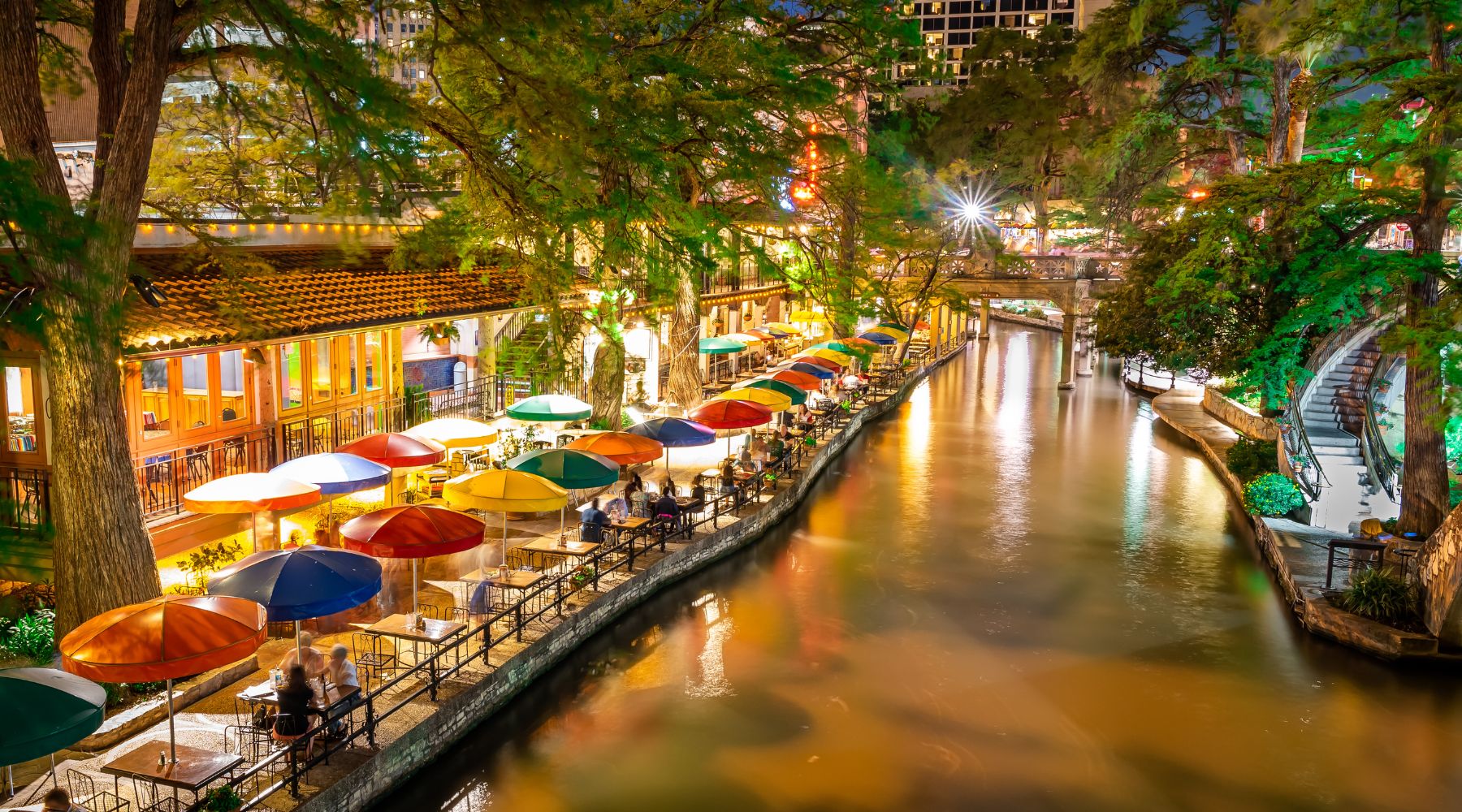 Outdoor dining at San Antonio River Walk restaurant